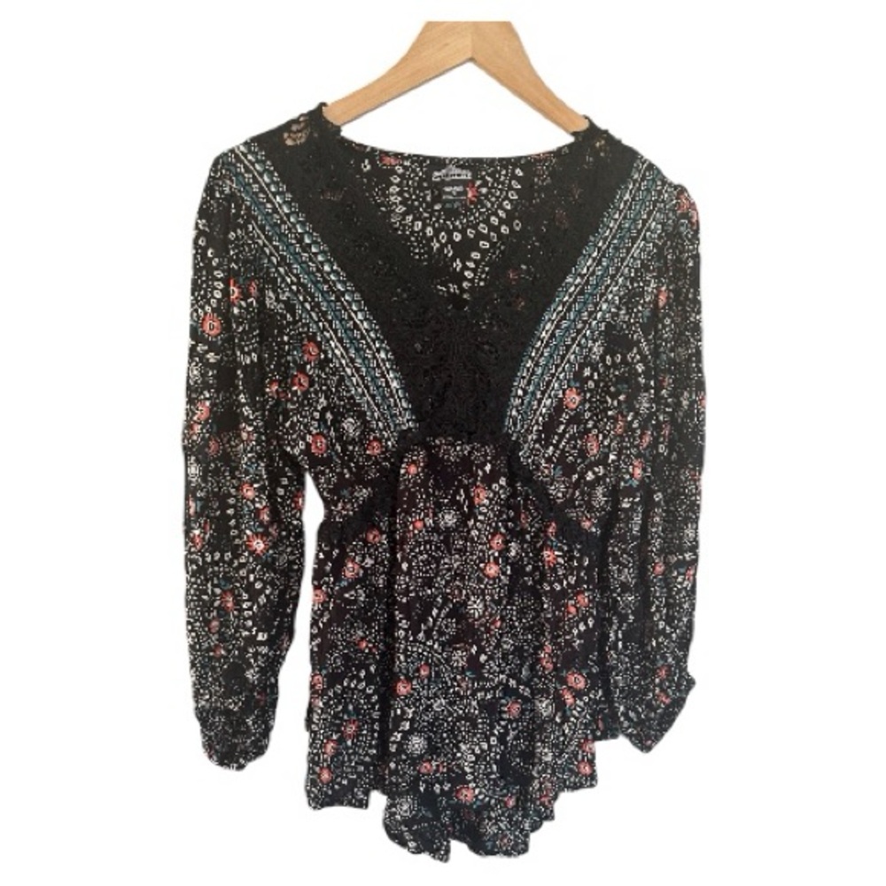 ANGIE peasant bohemian women’s blouse W crochet detail disty floral print size S